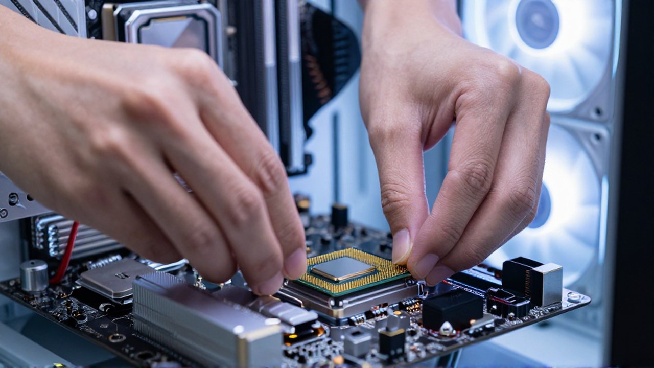 Hands carefully install a high-end CPU into a modern motherboard inside a gaming computer.