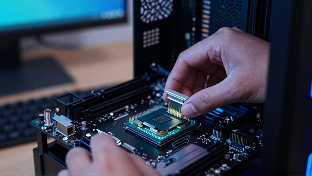 Hands carefully installing a high-performance CPU into a motherboard inside a glowing gaming computer.