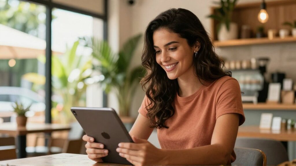 A smiling young woman reviews sales on a tablet inside her sunlit
