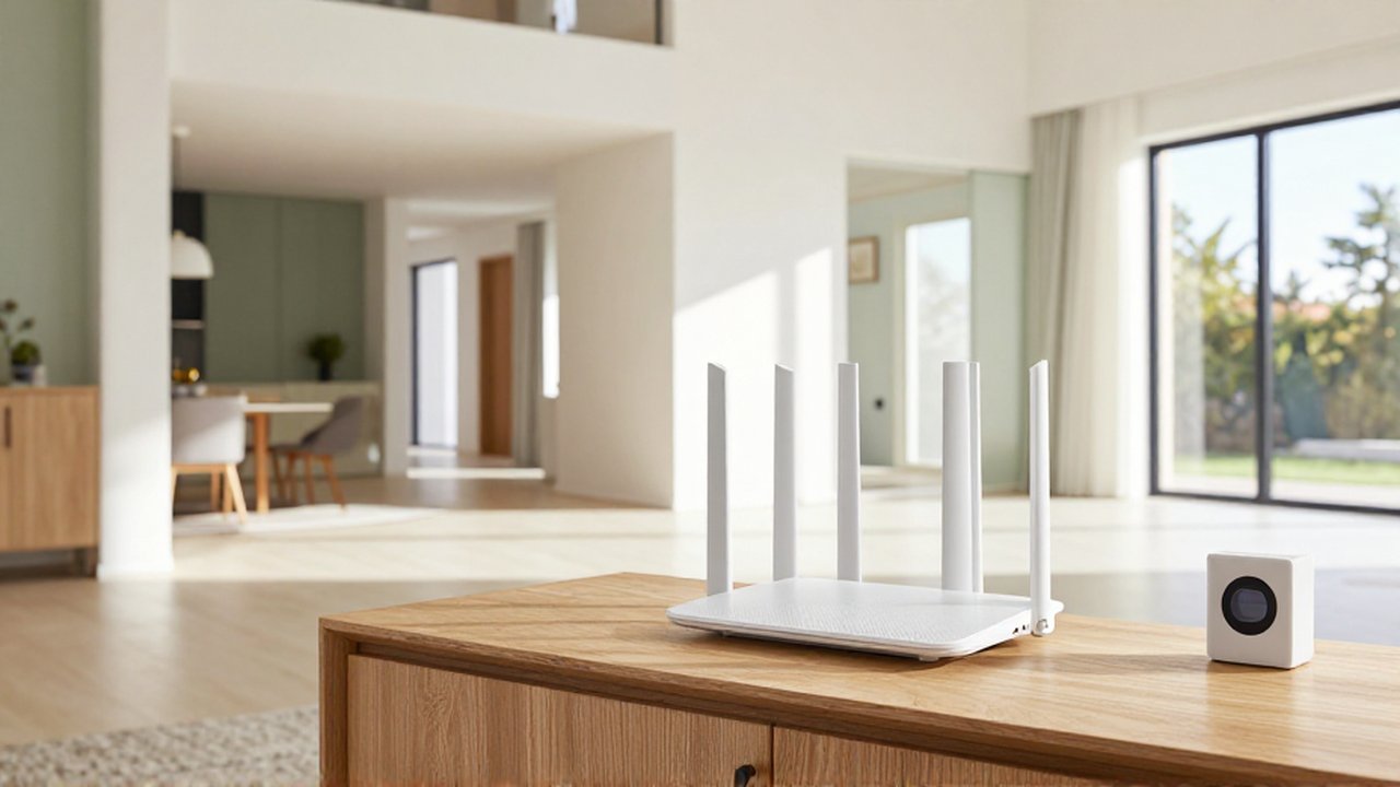 A modern mesh Wi-Fi router sits on a wooden table in a bright, open-concept living room.