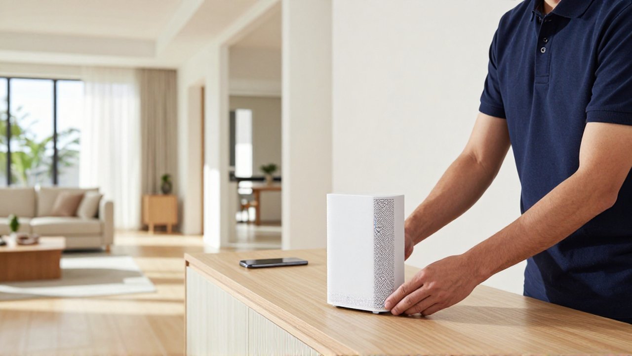 A technician carefully places a white mesh Wi-Fi node on a wooden console in a bright, modern living room.