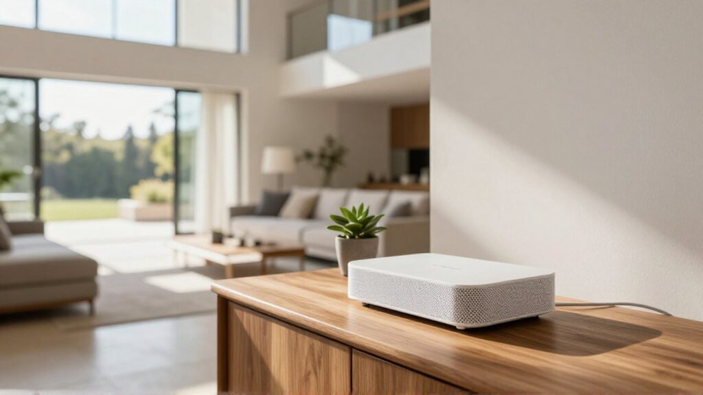 A white mesh Wi-Fi router sits on a wooden table in a bright