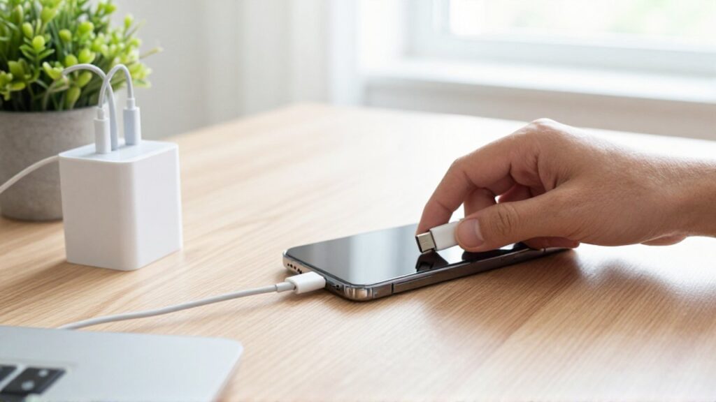 A person's hand plugs a white USB-C cable into a smartphone on a wooden desk.