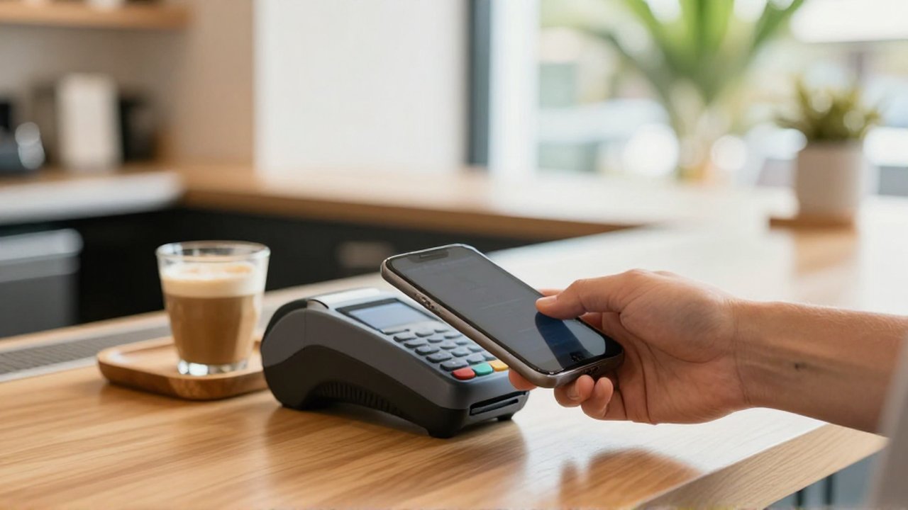 A person uses a smartphone to make a contactless payment at a sunlit cafe counter.