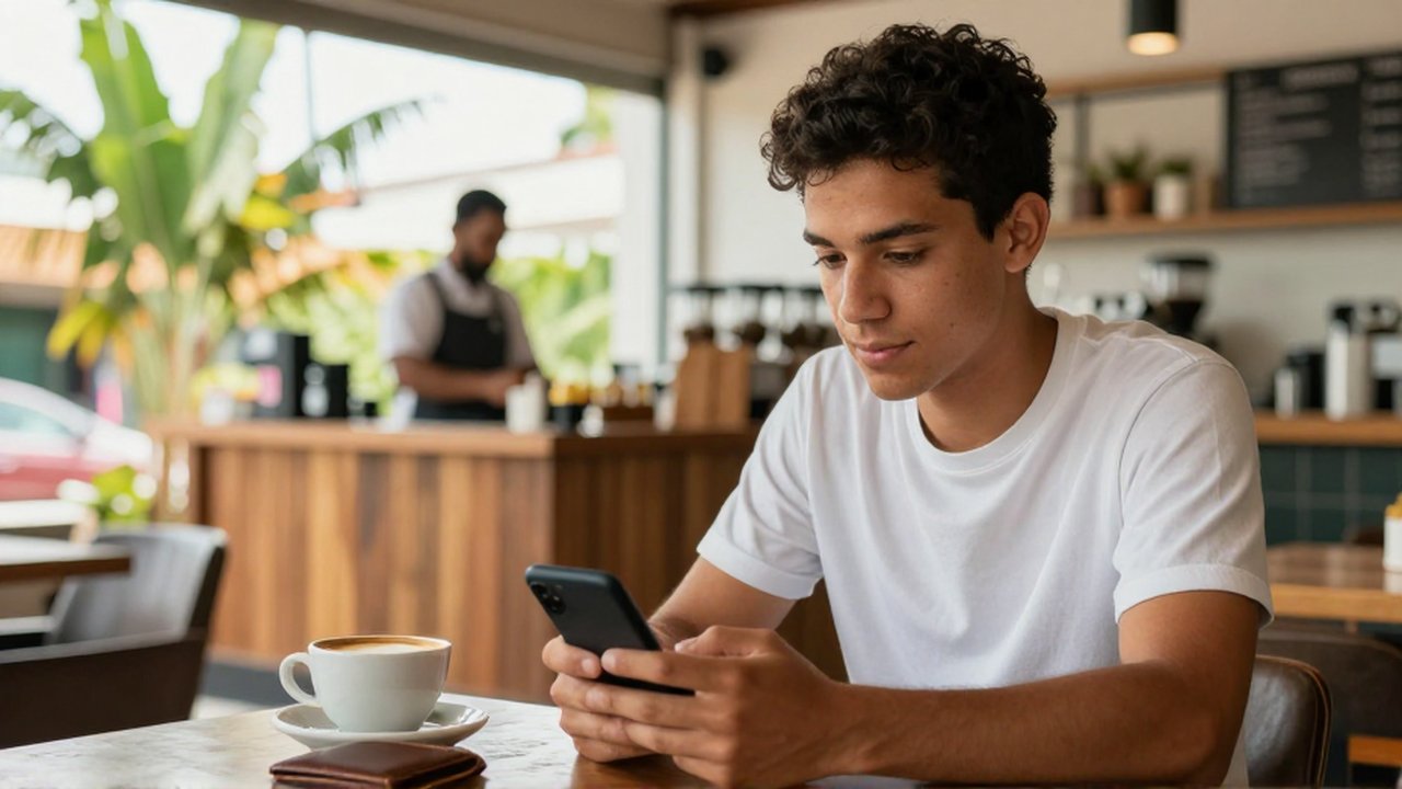 A young professional uses a smartphone for a digital transaction in a sunlit cafe.