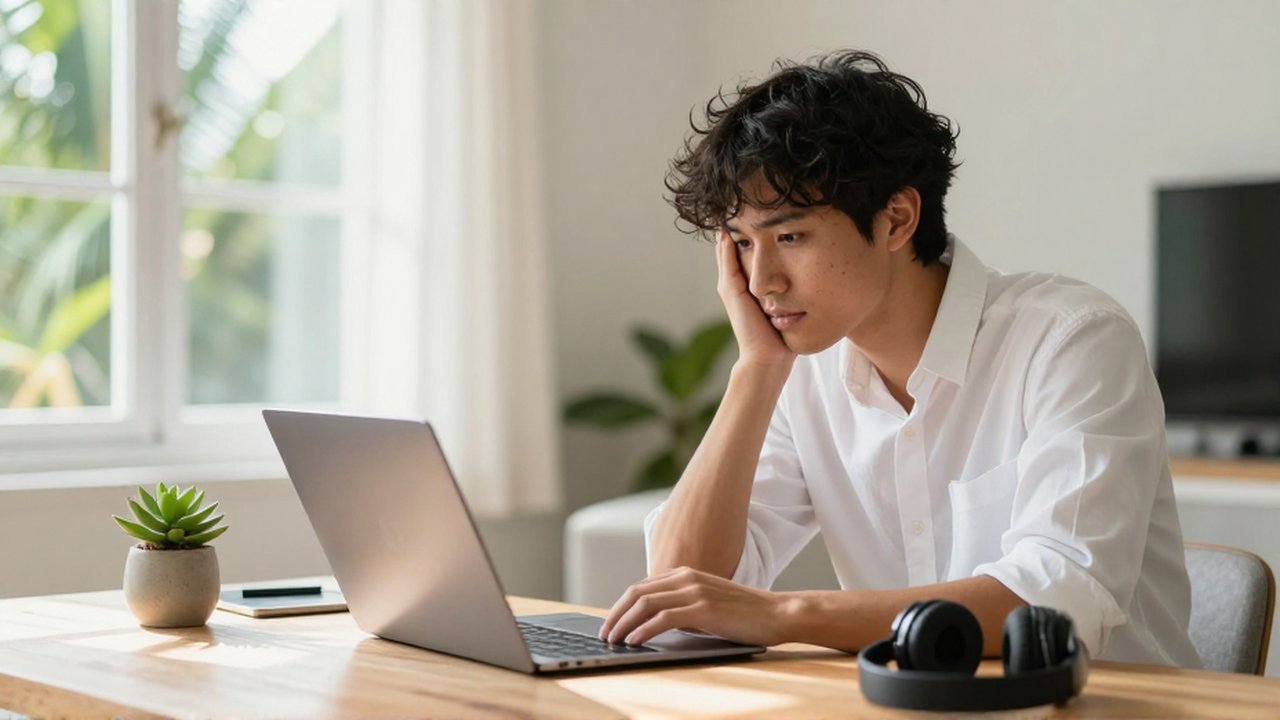 A focused professional looks relieved while working on a laptop at a sunlit home desk.