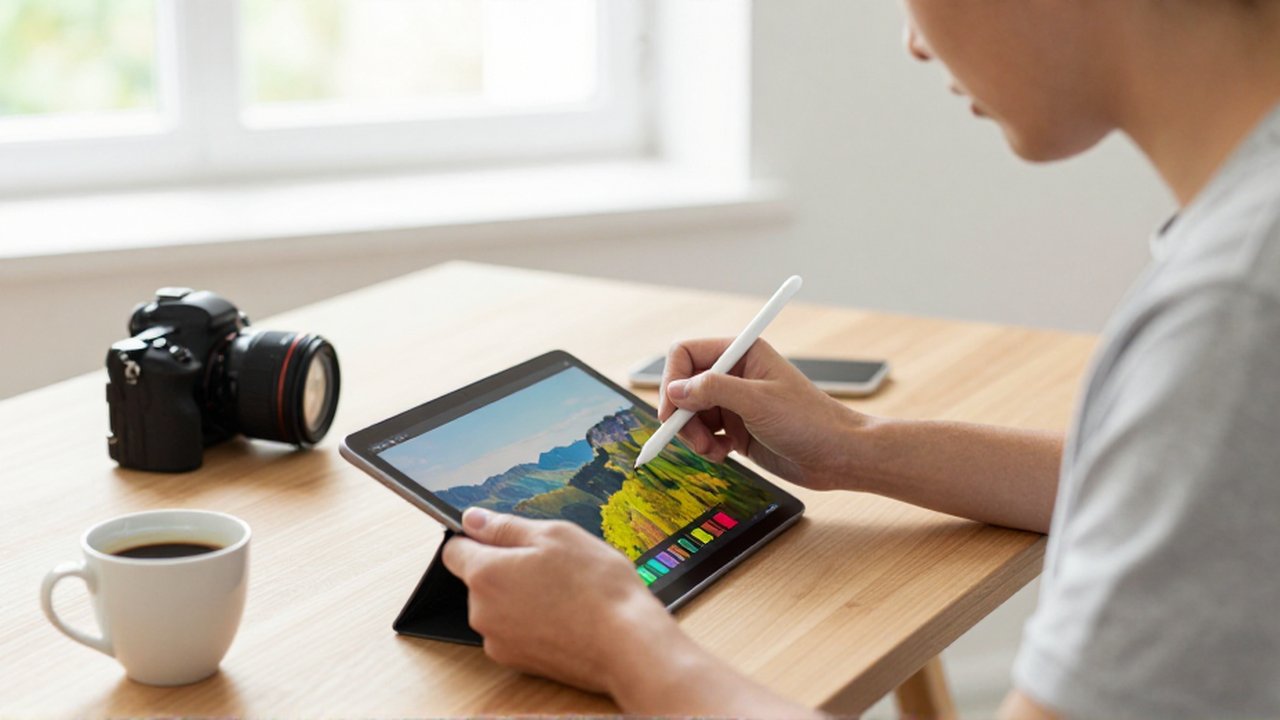 A professional editor uses a stylus to touch up a landscape photo on a tablet.