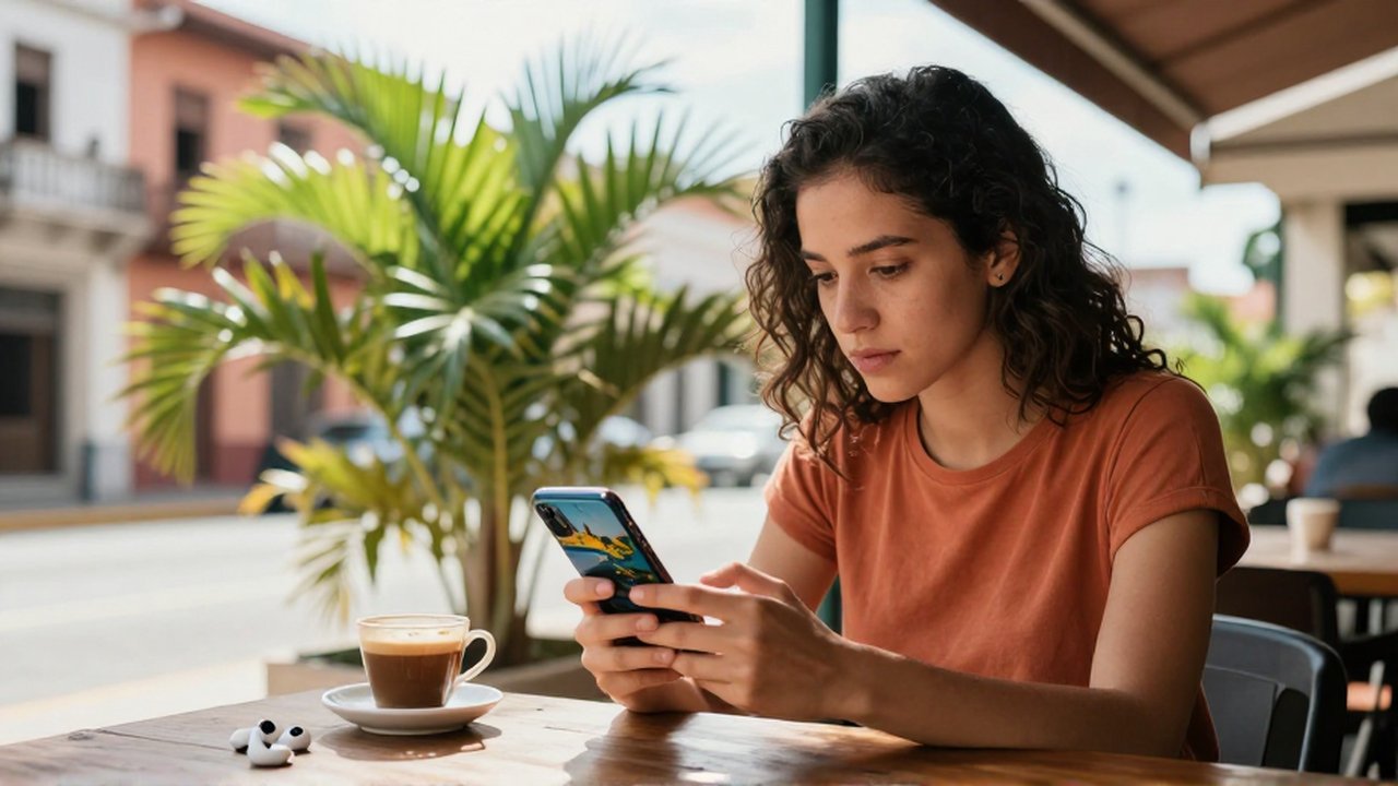 A young woman sits at an outdoor cafe, focused on editing a landscape photo on her smartphone.