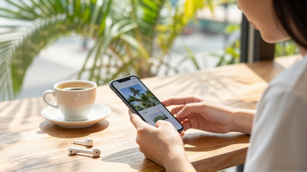 A young woman edits a photo on her smartphone at a sunlit tropical cafe table.