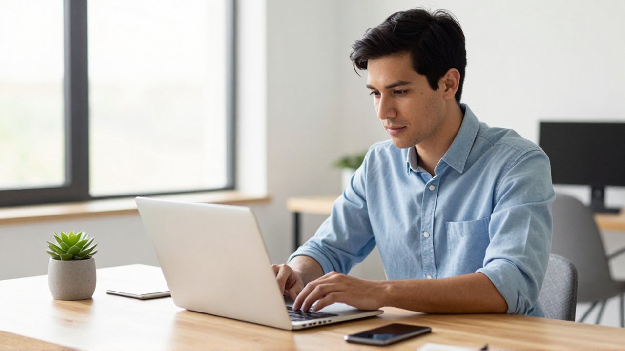 A focused young professional works on a laptop at a tidy wooden desk in a bright, modern home office.