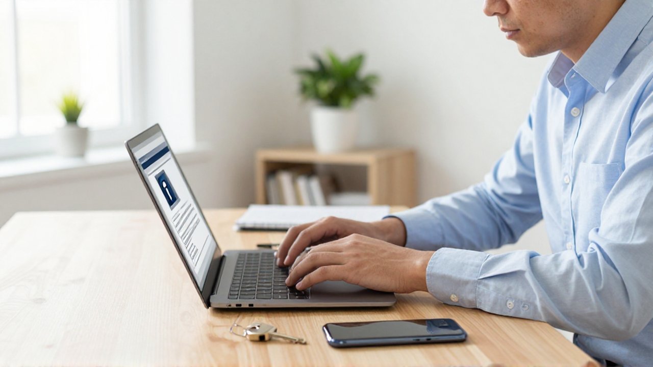 A cybersecurity professional works on a laptop at a sunlit desk with a physical security key nearby.