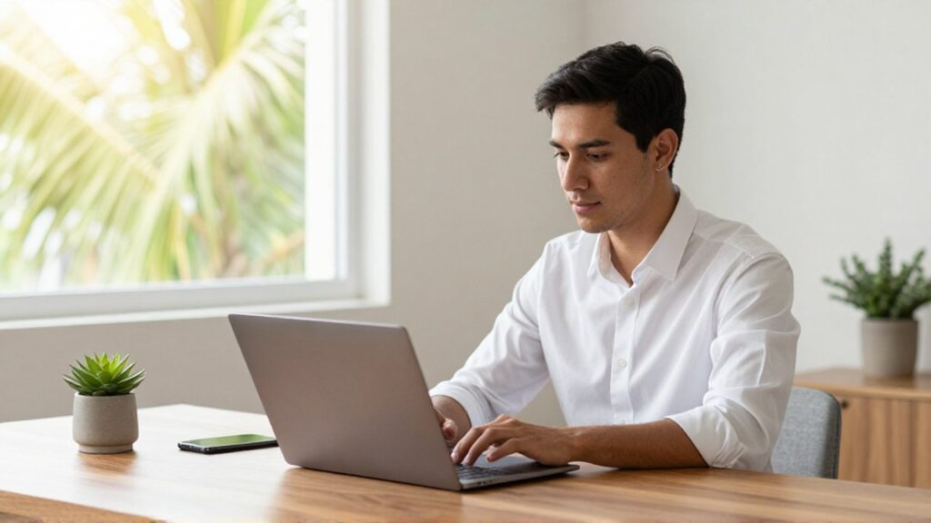 A focused professional works on a laptop at an organized mahogany desk in a bright home office.