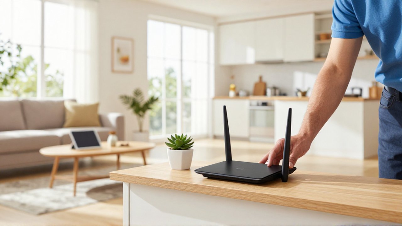 A technician places a matte black wireless router on an elevated wooden shelf in a bright, modern living room.