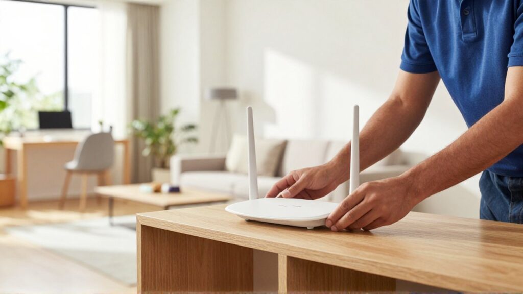 A technician's hands carefully position a white Wi-Fi router on a high wooden shelf in a bright living room.