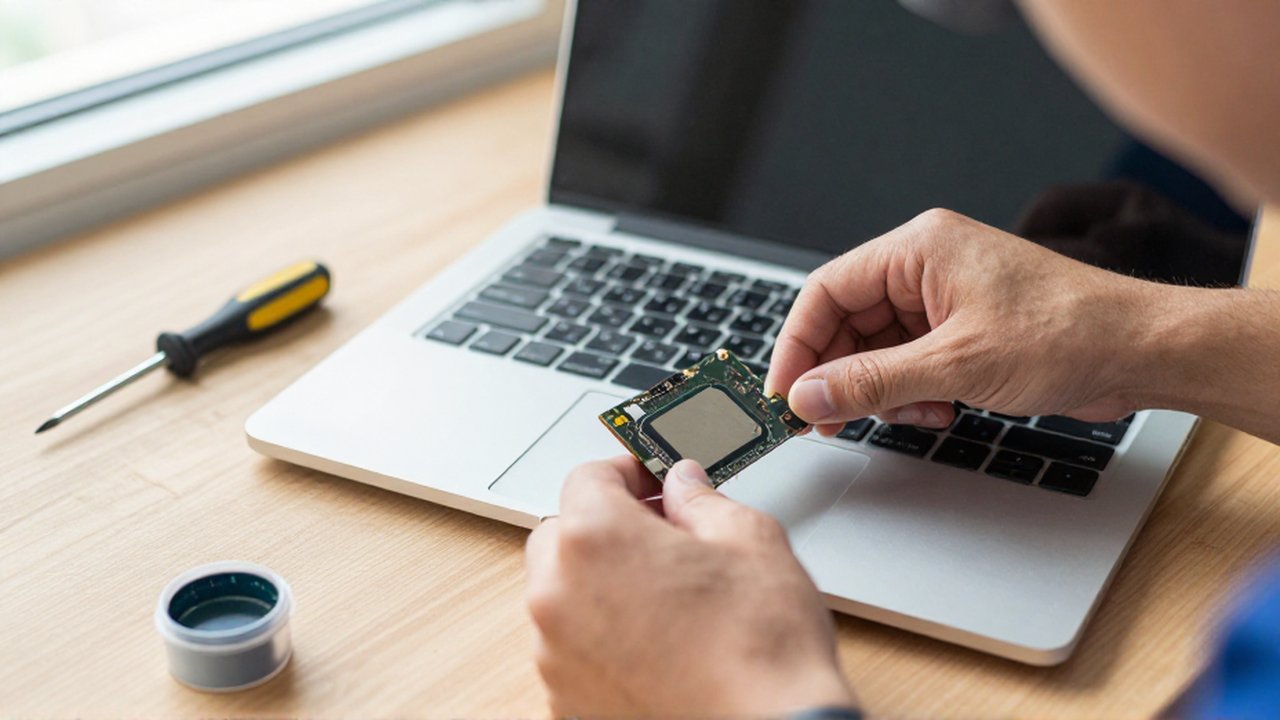 A technician's hands carefully install a small solid-state drive into an open laptop on a wooden workbench.