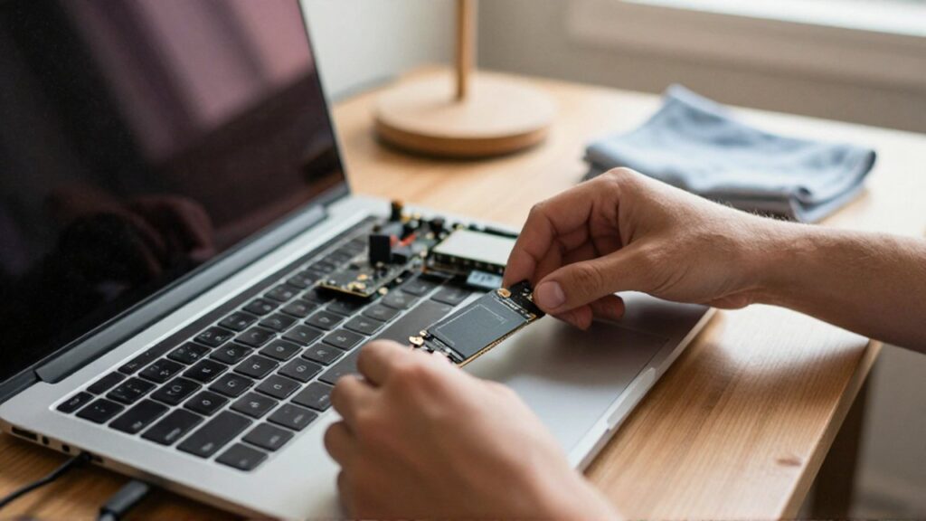 A technician's hands carefully install a small internal SSD into an open laptop motherboard on a wooden workbench.