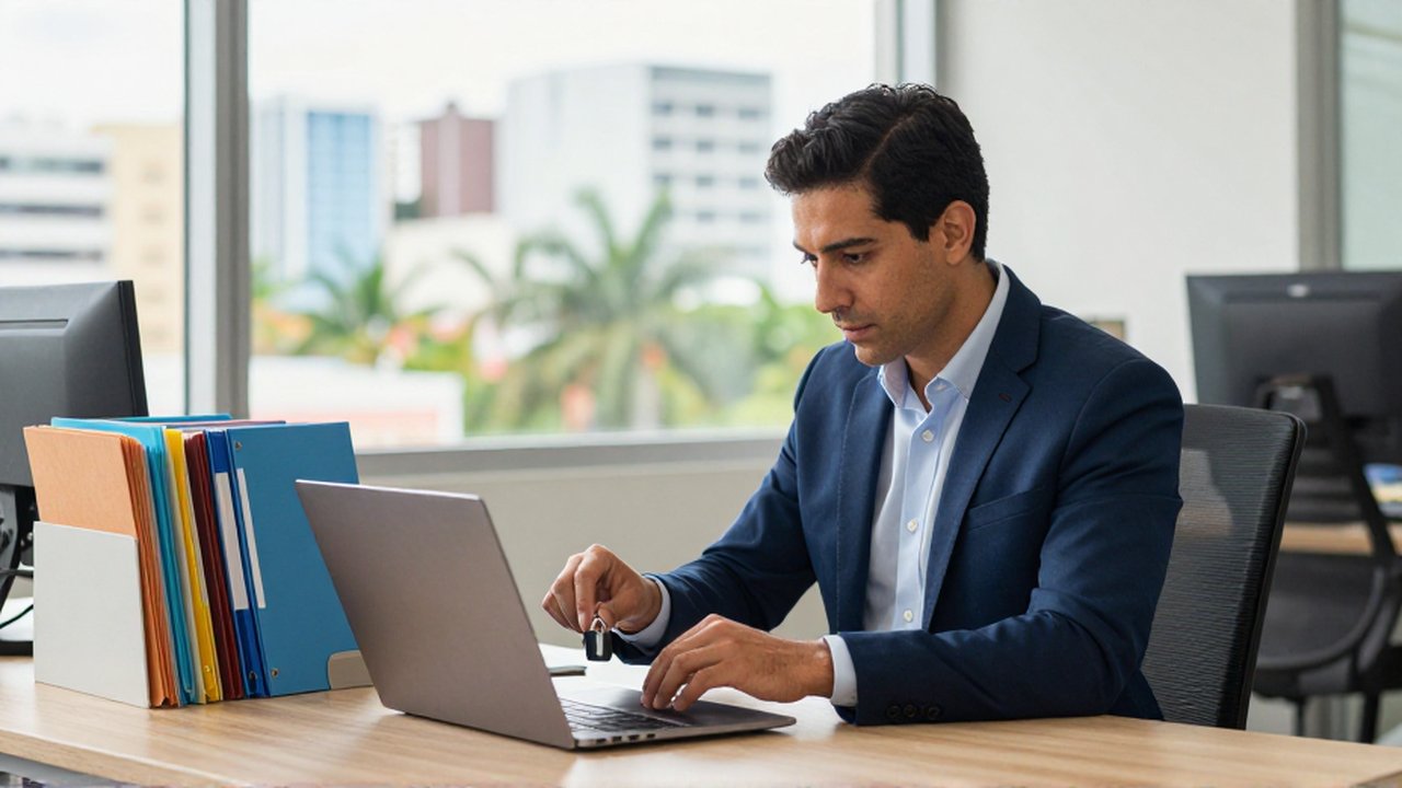 An IT administrator inserts a hardware security key into a laptop at a clean workstation.
