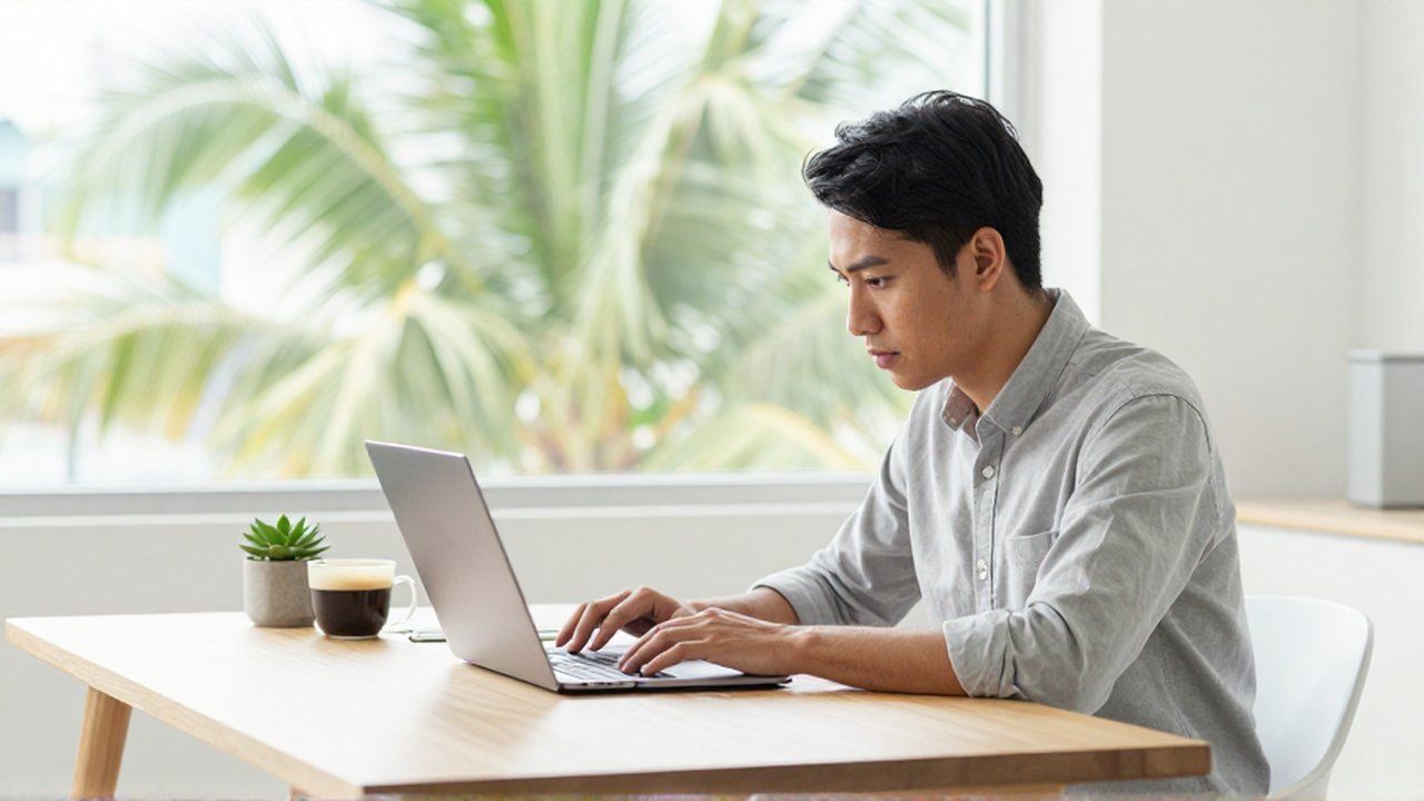 A focused professional works on a slim laptop at a minimalist wooden desk in a bright home office.