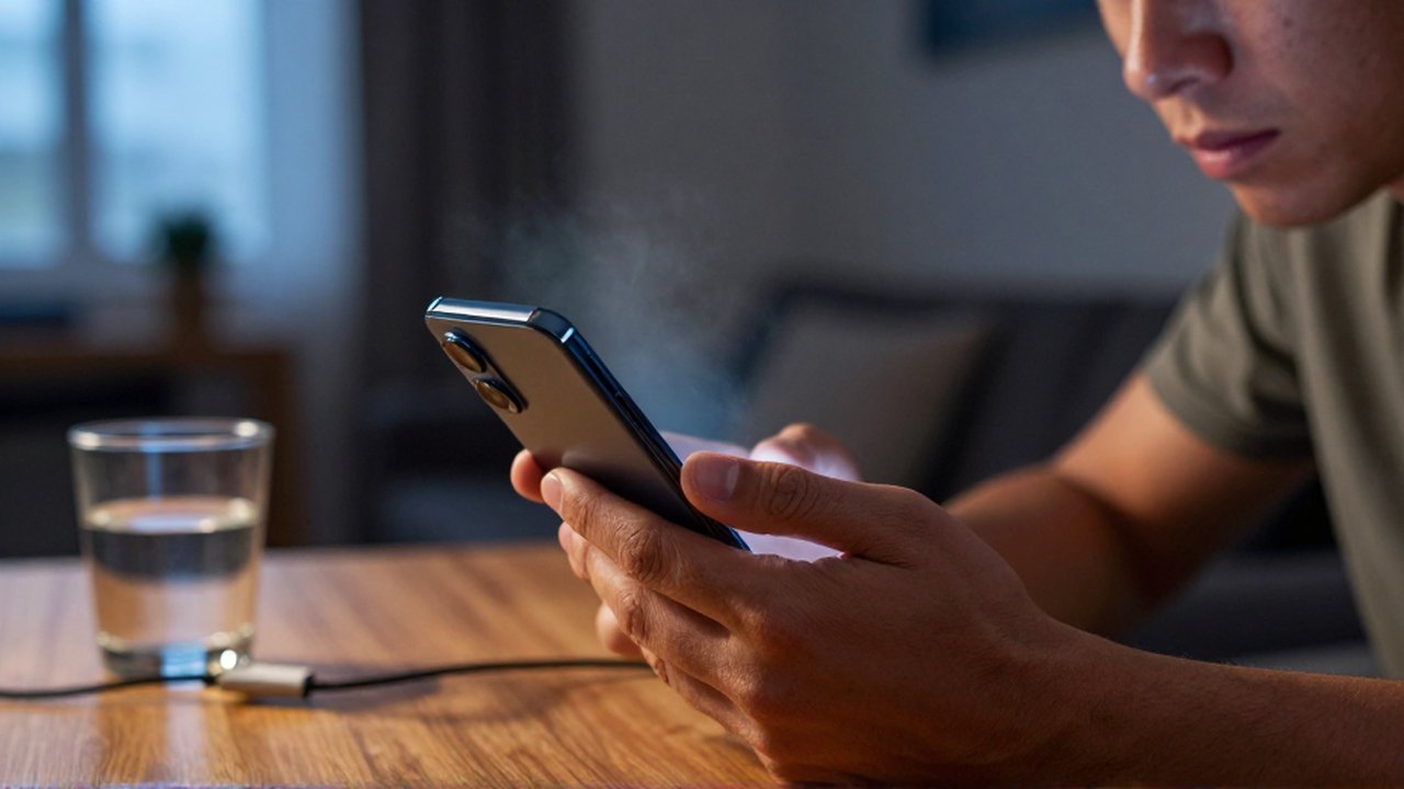 A concerned person holds a visibly overheating smartphone in a dimly lit home office.