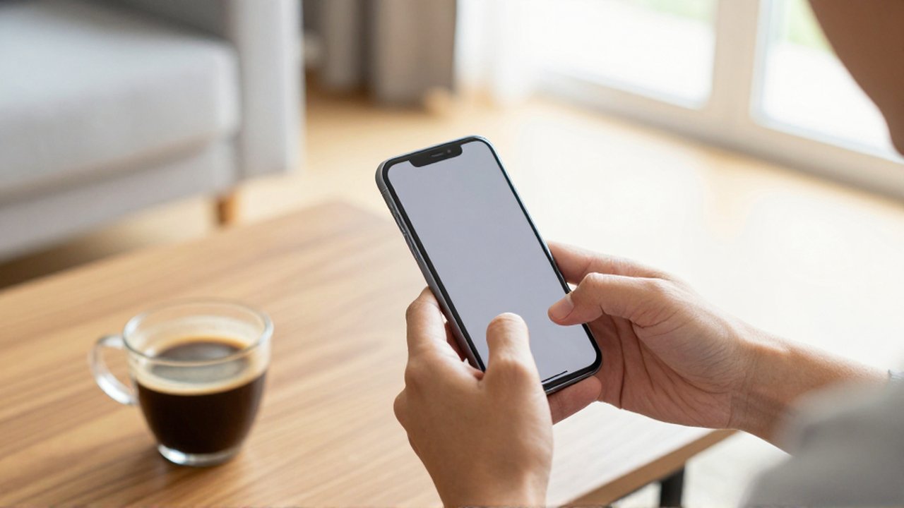 A person taps a smartphone screen in frustration on a wooden coffee table during a disrupted routine.
