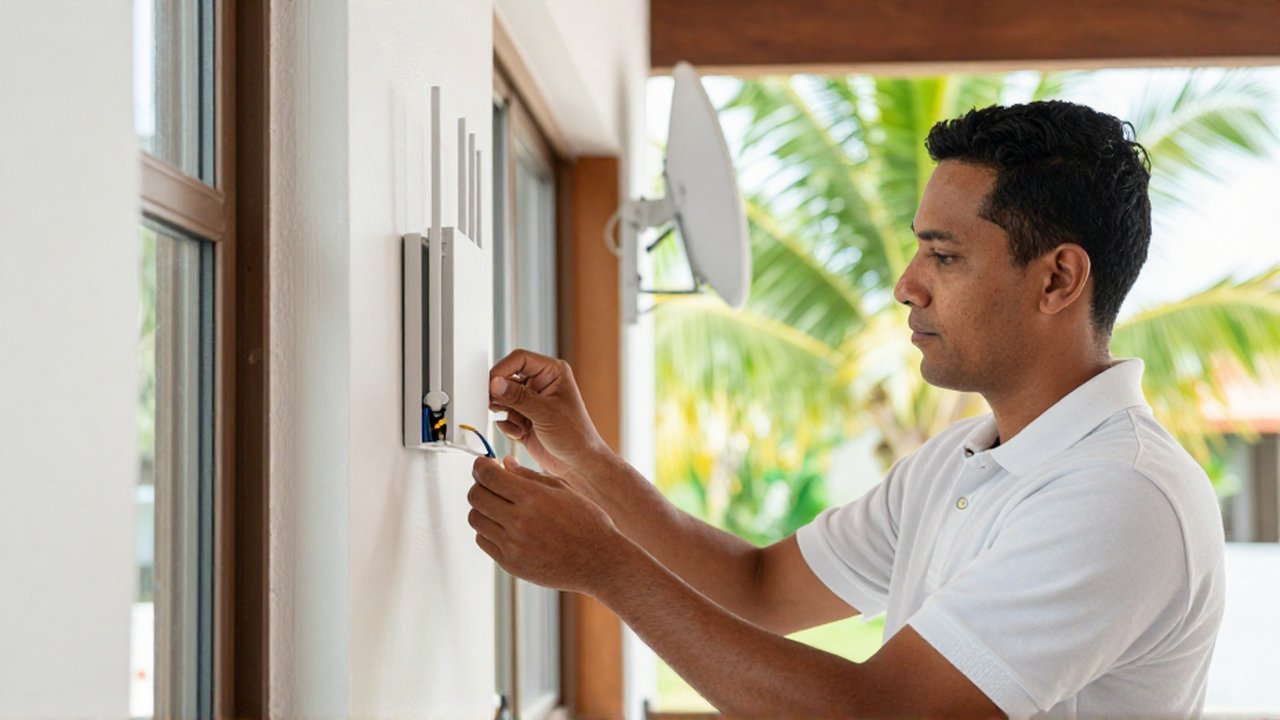 A technician installs a fiber optic router on a wall inside a bright, contemporary home.