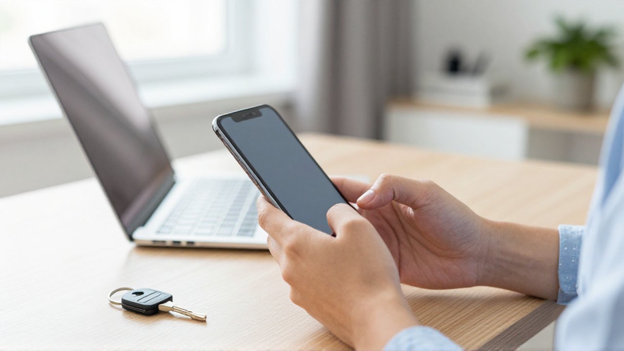 Hands holding a smartphone next to a physical security key on a wooden desk.