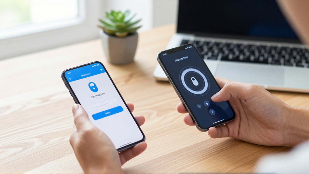 Close-up of hands using two smartphones for different mobile security verification methods on a desk.
