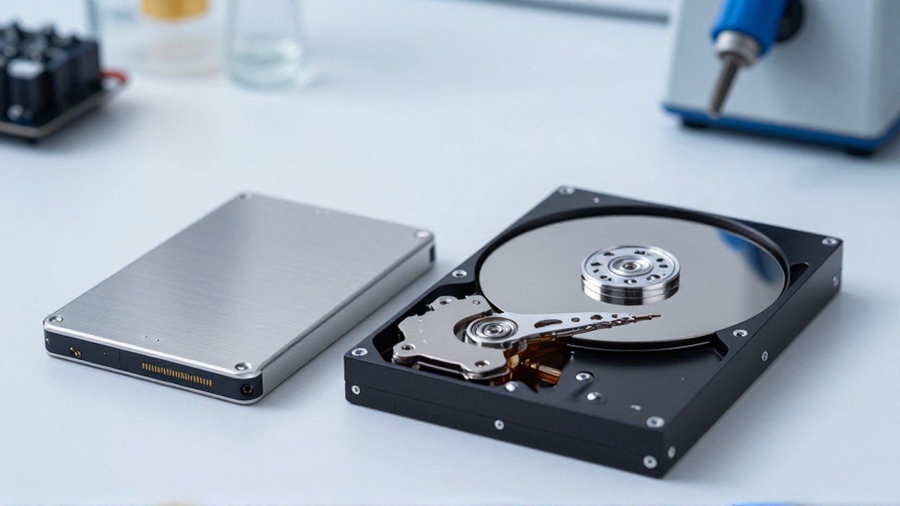 A sleek solid-state drive sits beside an open mechanical hard disk drive on a tech workbench.