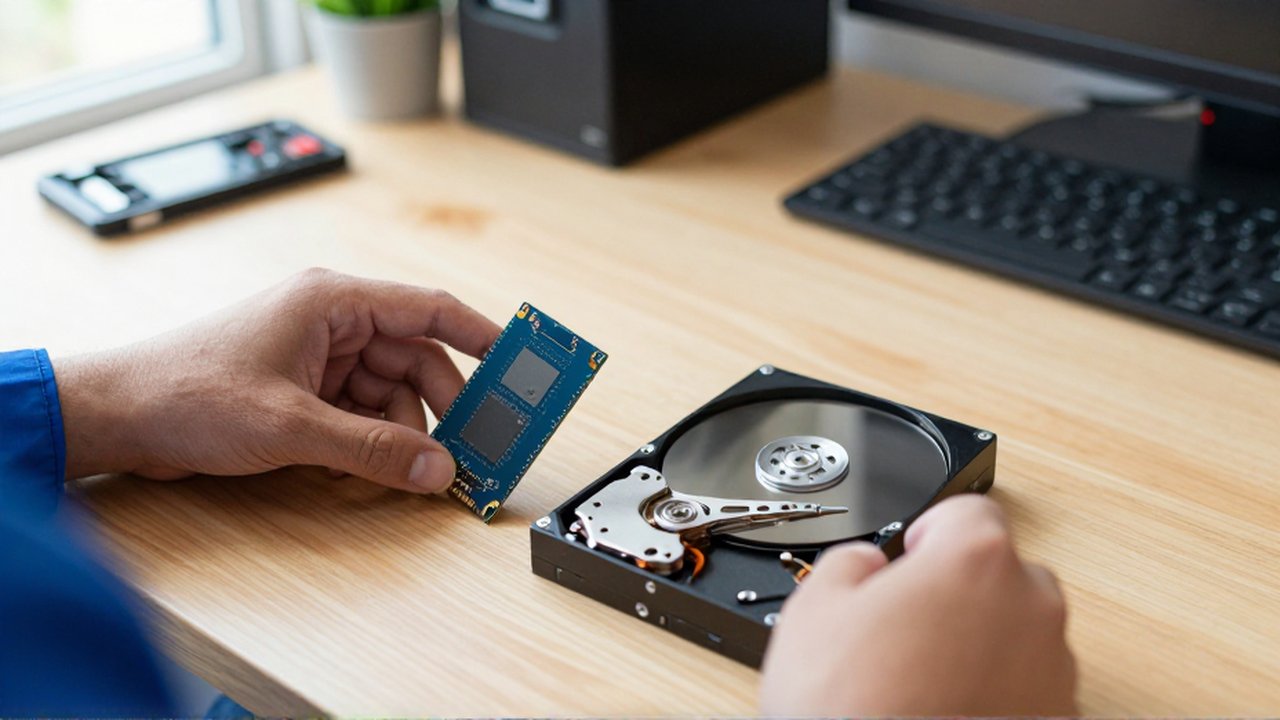 A technician compares a compact SSD and a mechanical hard drive on a wooden workbench.