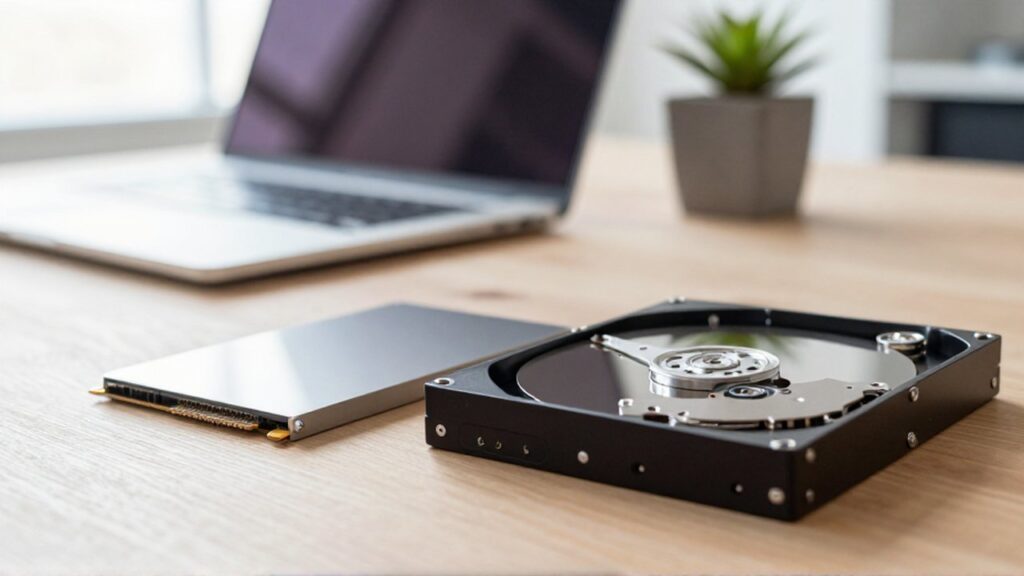 A sleek SSD lies next to a mechanical HDD on a wooden workbench in a bright office.