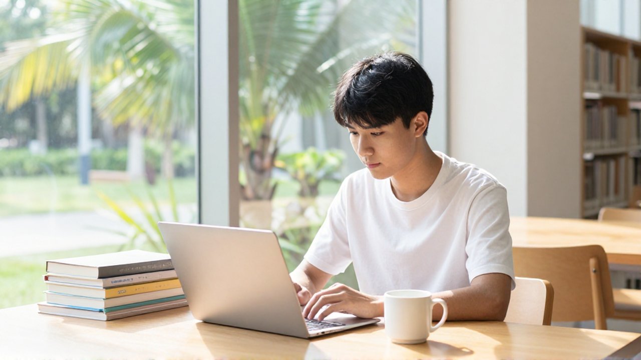 A student works on a laptop at a wooden desk in a sunlit library.