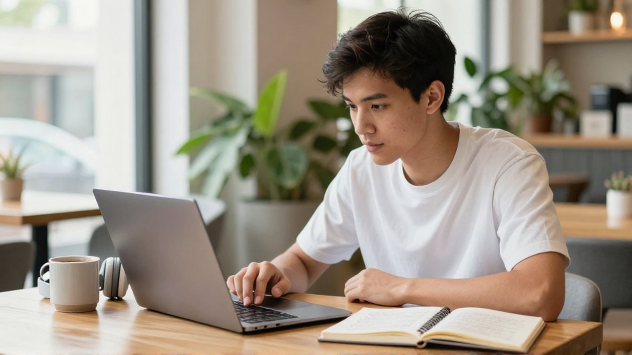 A student sits at a wooden desk in a sunlit cafe, comparing software on a laptop while referencing a notebook.