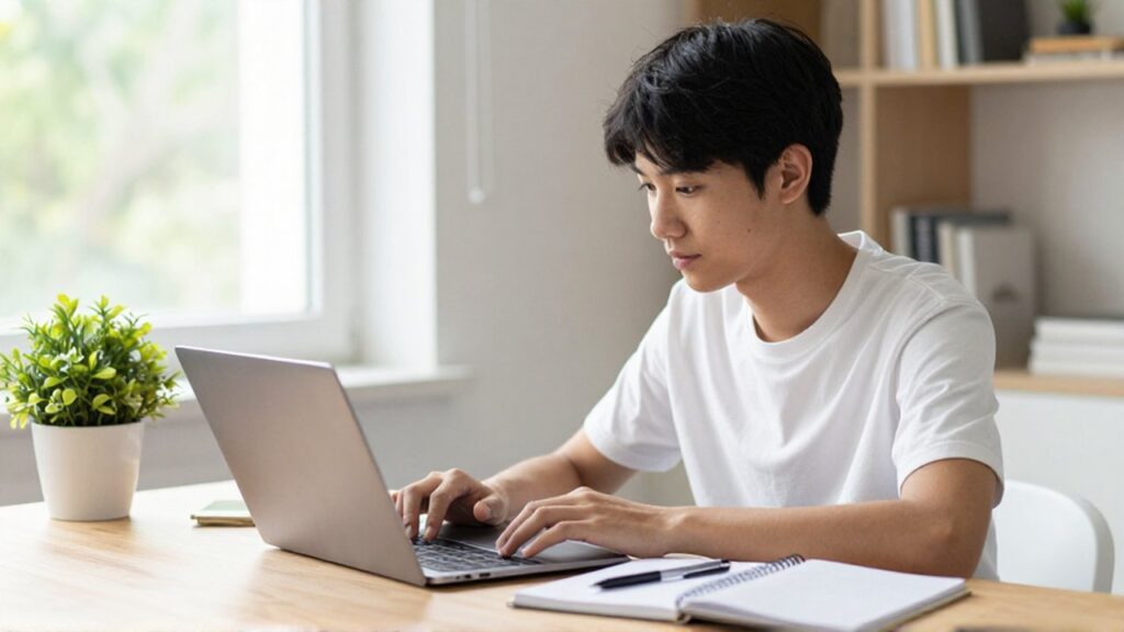 A focused student works on a laptop at a wooden desk in a bright home study.