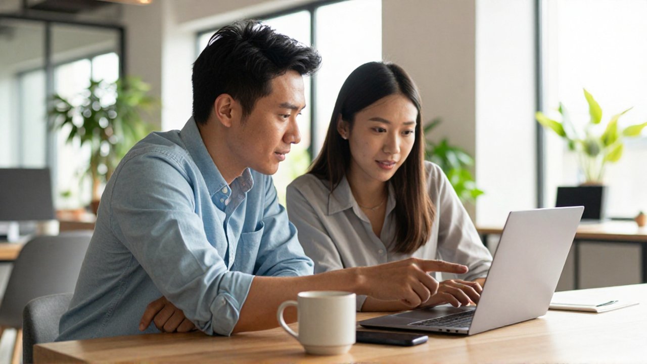 Two young professionals sit at a wooden desk in a sunlit office, collaborating over a laptop.