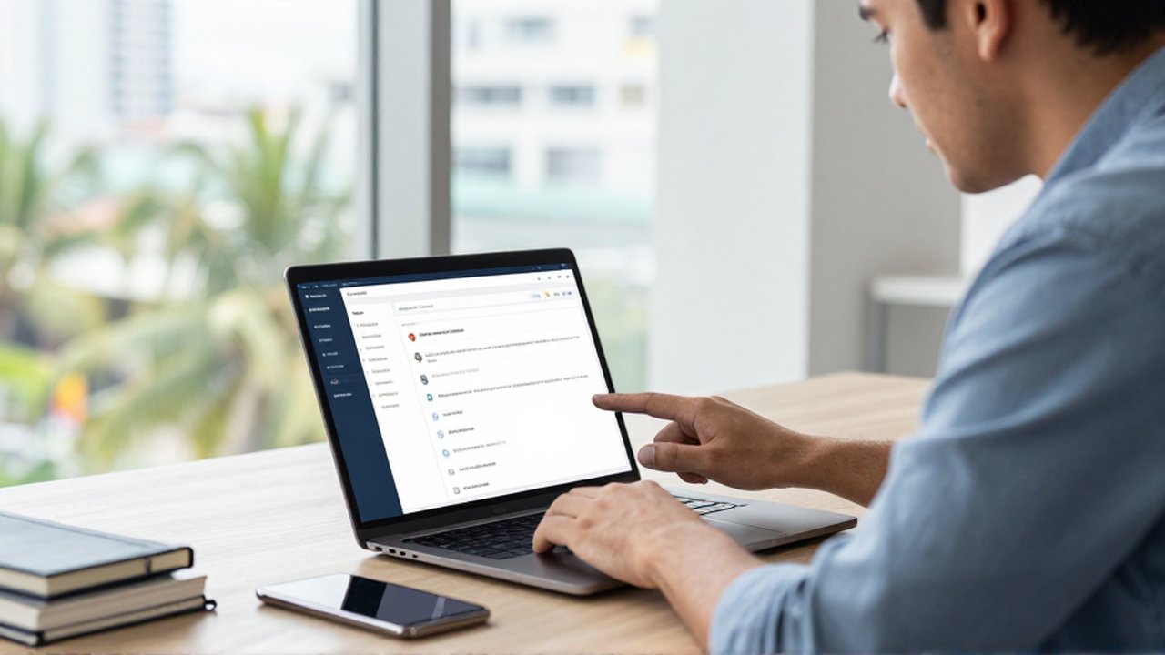 An IT administrator carefully adjusts security settings on a laptop in a bright, modern office.