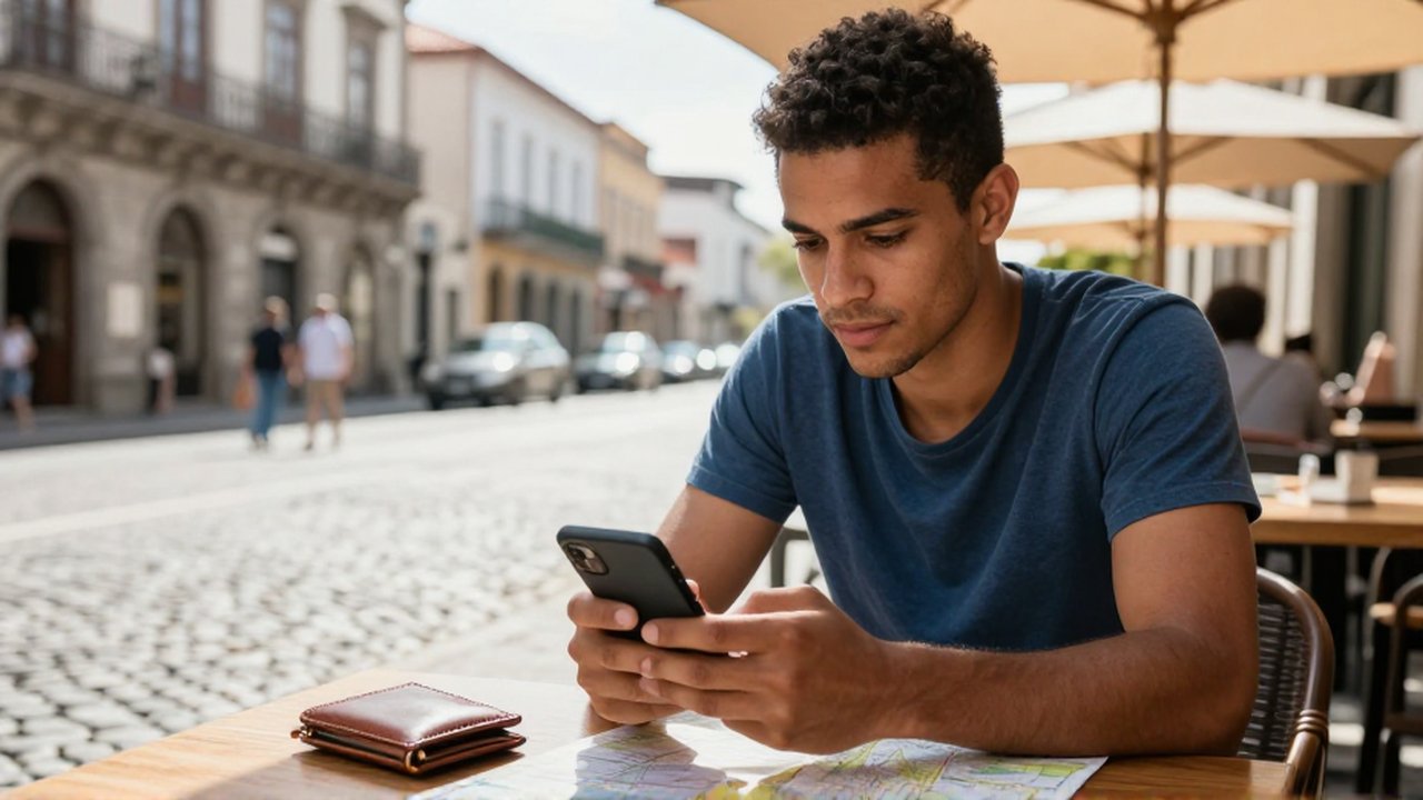 A young man sits at an outdoor cafe, focused on his smartphone while planning travel.