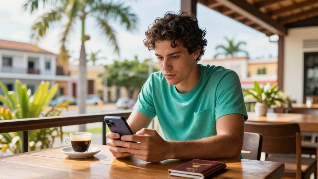 A young man sits at a sunlit outdoor cafe