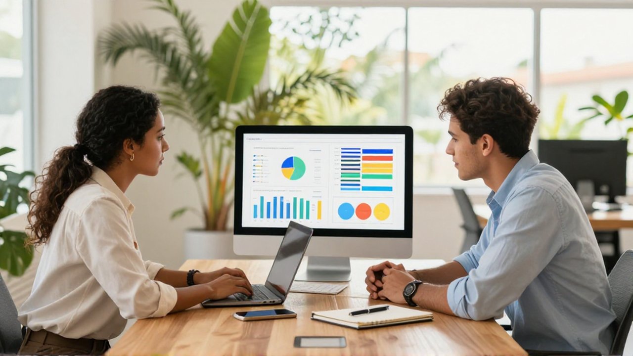 Two young professionals collaborate over colorful organizational charts at a bright, modern desk.
