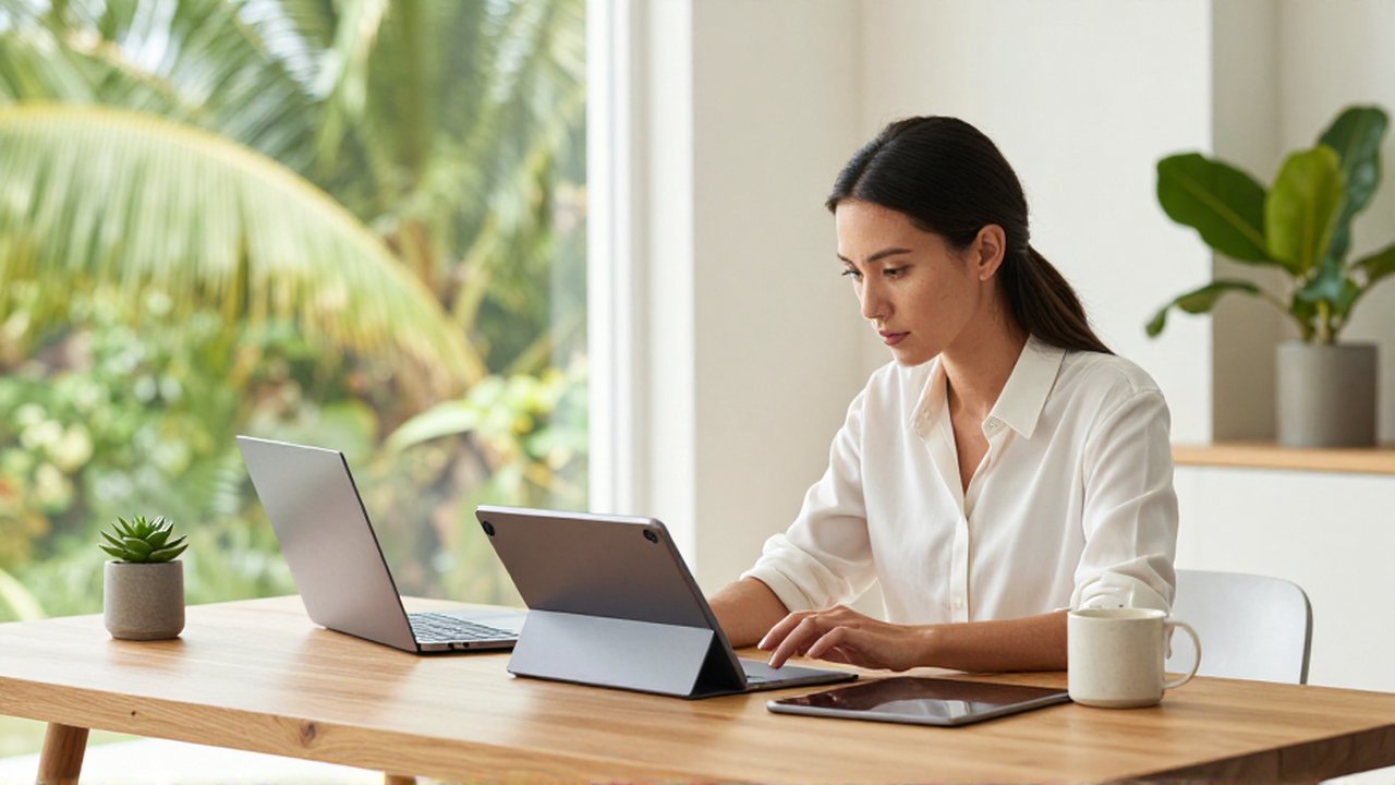 A female professional compares various tablets and a laptop at a bright, tropical home office desk.