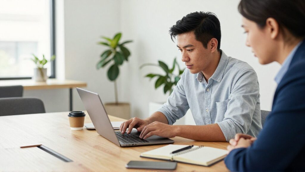 A professional project manager works on a laptop while collaborating with a colleague in a bright coworking space.