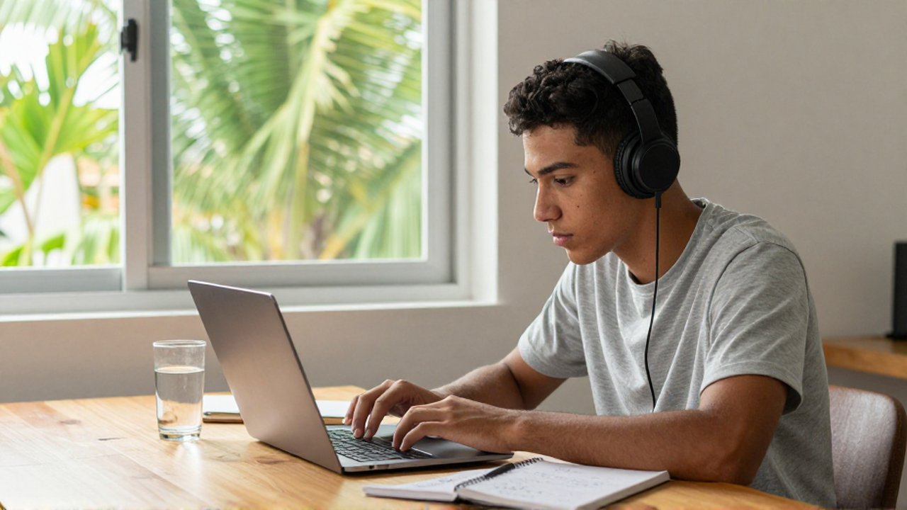 A student wearing headphones focuses on a laptop during a remote learning session in a sunlit home office.