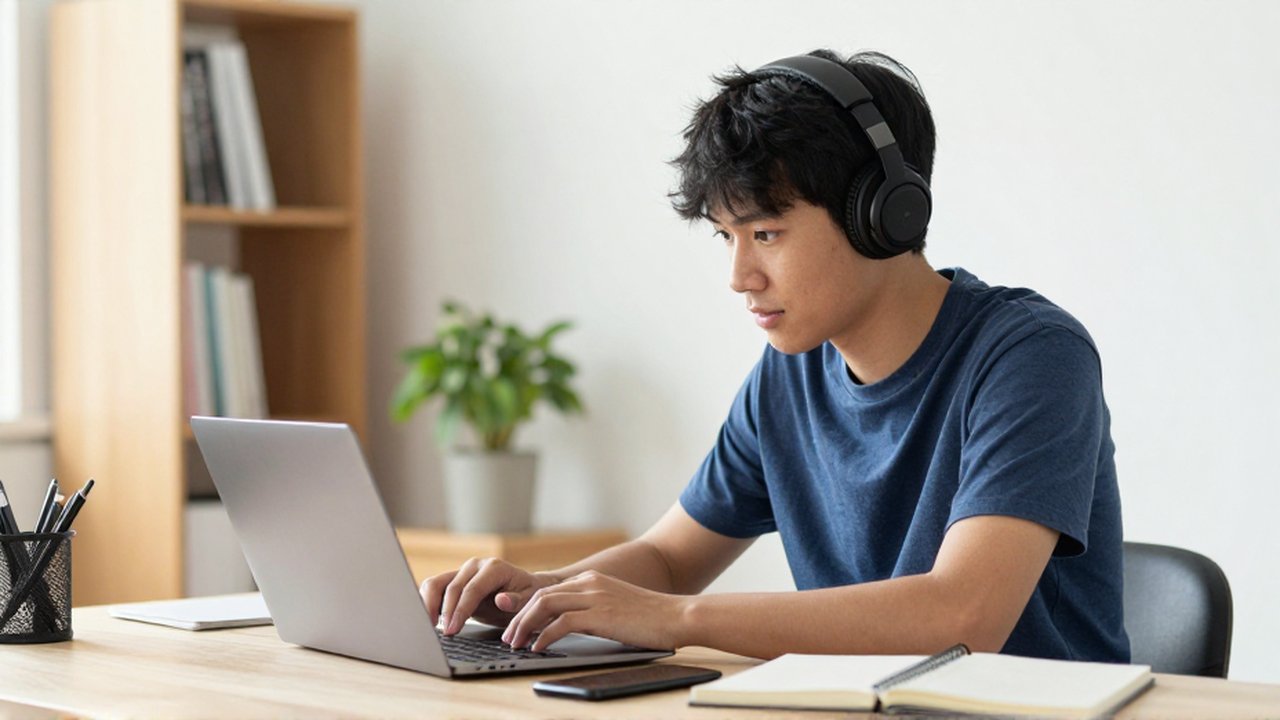 A student wearing headphones thoughtfully compares features on a laptop at a sunlit wooden desk.