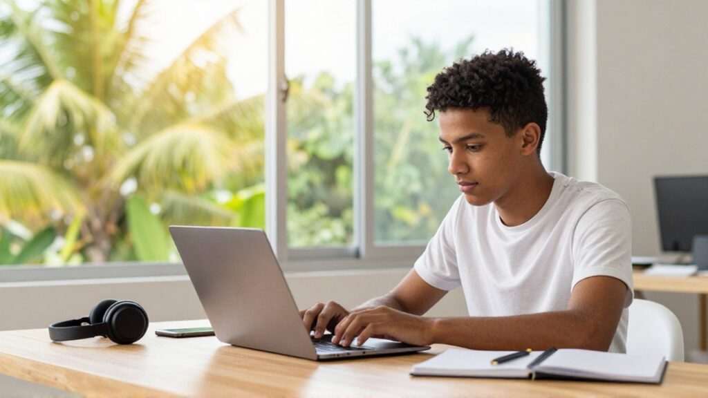 A student focuses on a laptop during a remote learning session at a wooden desk.
