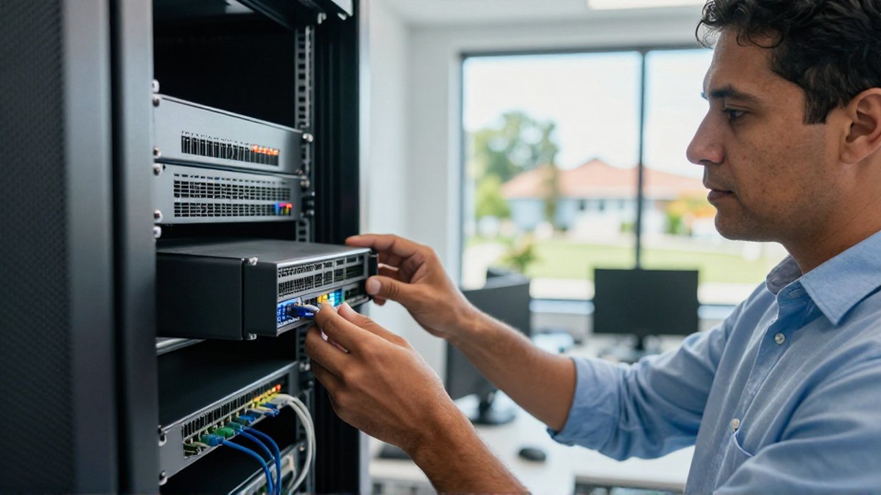 An IT specialist carefully inspects a network security firewall in a bright, modern office.