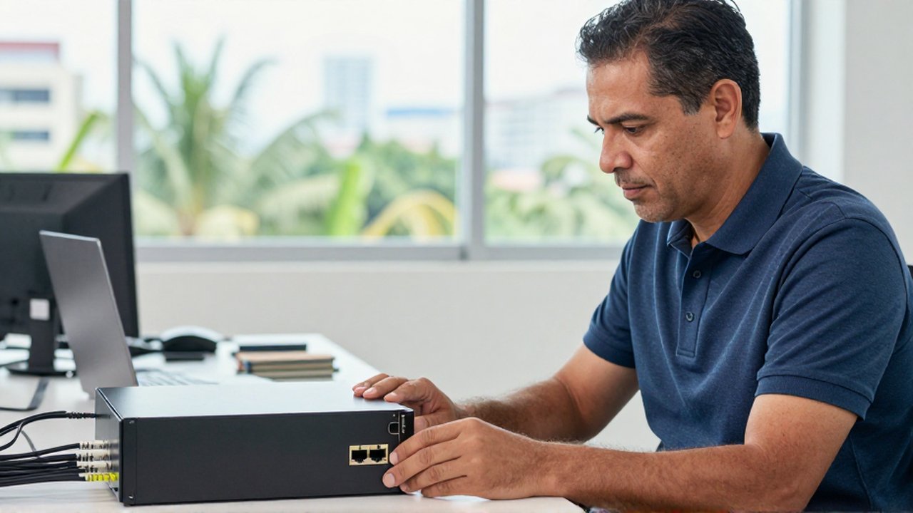 An IT specialist in a modern office carefully configures a rack-mounted hardware firewall unit.