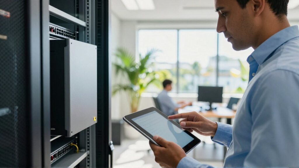 An IT consultant uses a tablet to inspect a network security appliance in a server rack.
