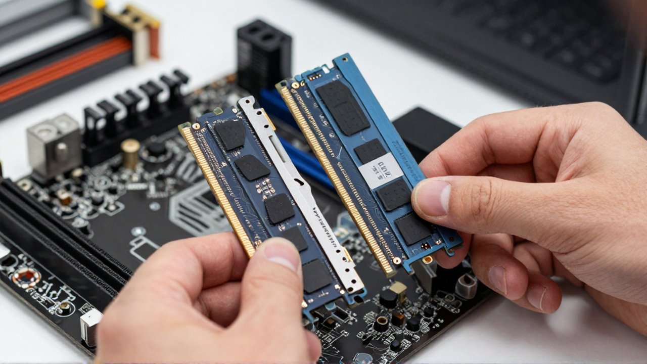 A technician compares the notch positions of DDR4 and DDR5 RAM sticks over a motherboard.