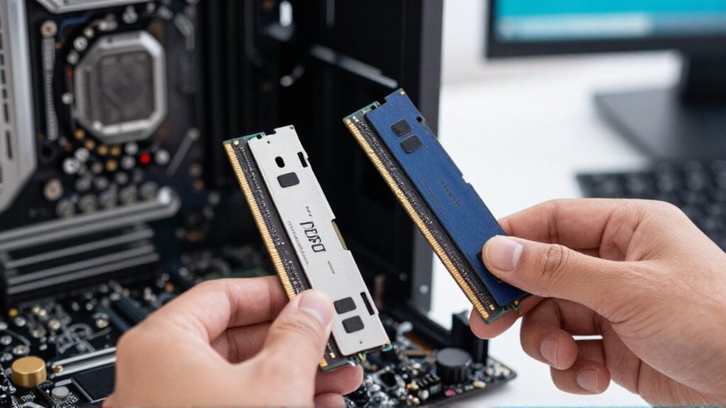 A technician holds a DDR4 and a DDR5 RAM stick side-by-side over a computer motherboard to compare their notch positions.