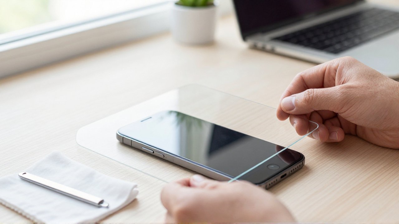 Hands carefully apply a clear tempered glass screen protector onto a smartphone on a wooden desk.