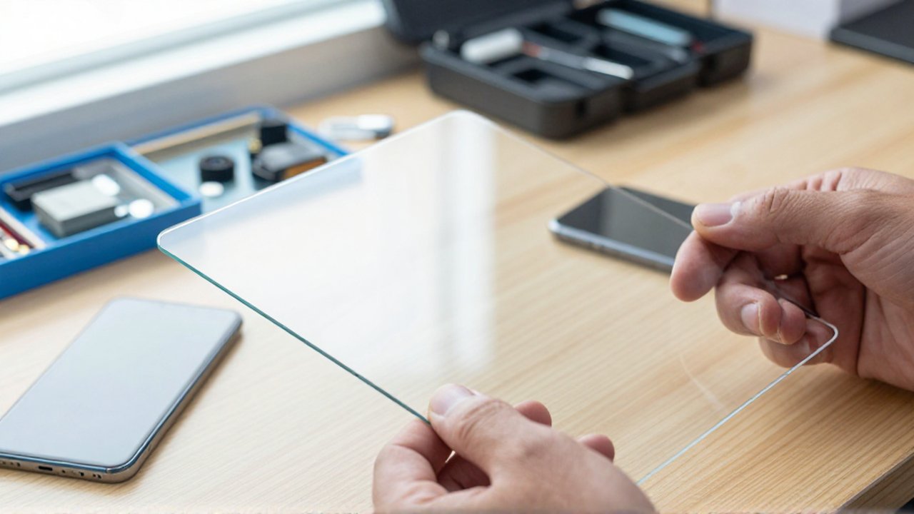 A technician compares a tempered glass screen protector with a plastic film on a workbench.